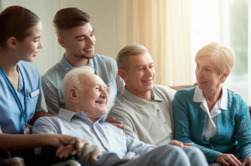 Família reunida ao redor de um idoso, simbolizando suporte e cuidado.