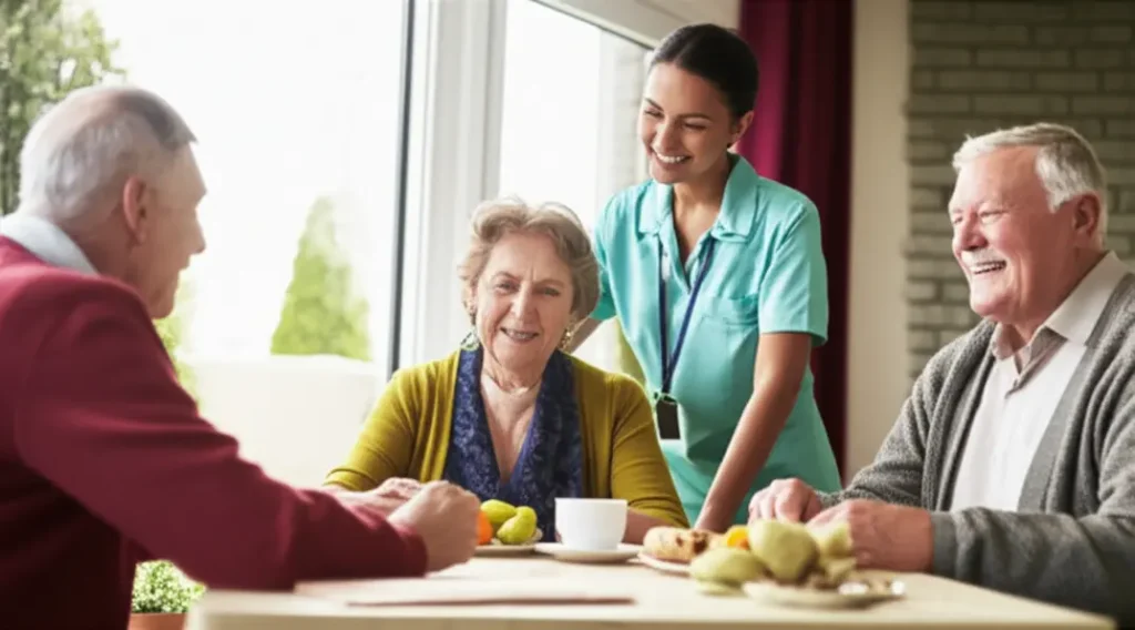 Imagem de idosos felizes interagindo em uma casa de repouso.