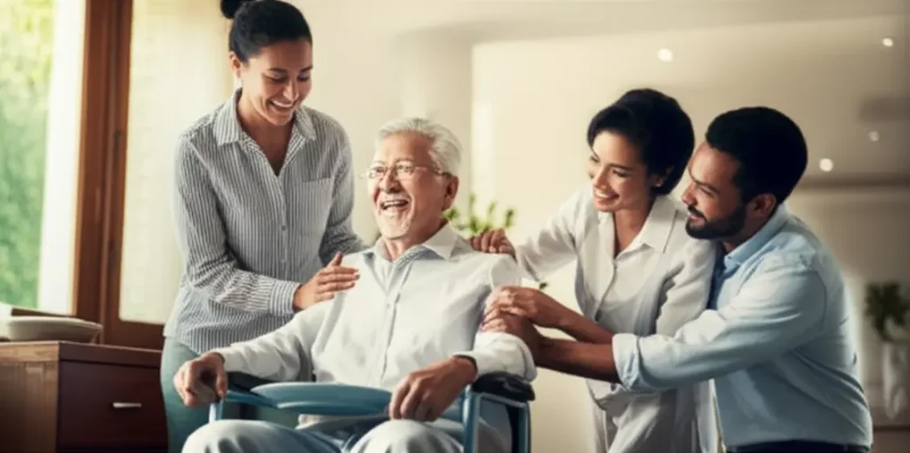 Idoso sendo ajudado em atividades diárias por membros da família.