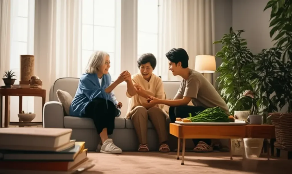 Idoso e familiar participando de uma atividade juntos em casa.