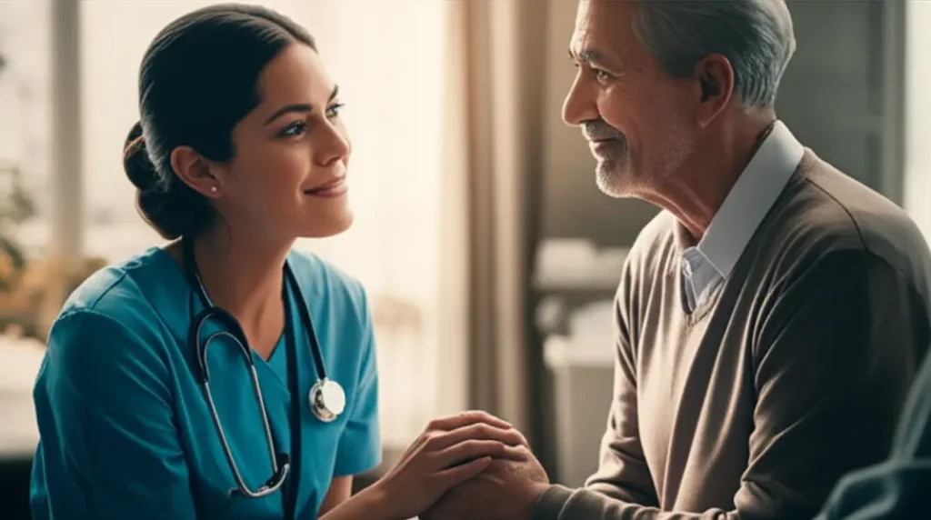 Cuidador e idoso em um momento calmo de conexão.