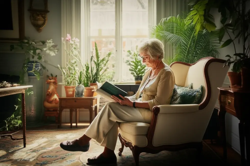 Idoso lendo um livro em um ambiente tranquilo.