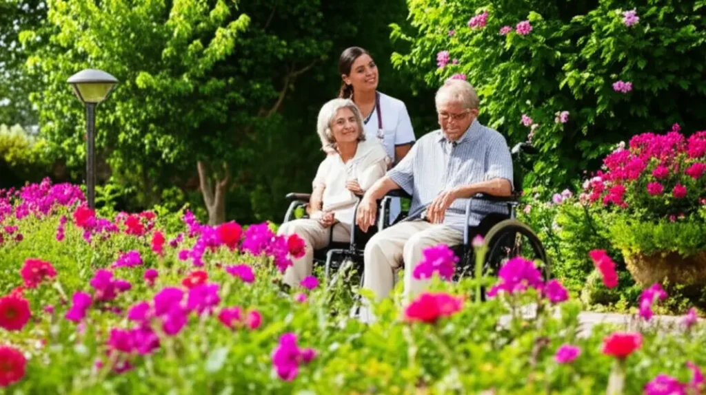 Momento feliz entre cuidador e idoso em um jardim ensolarado.